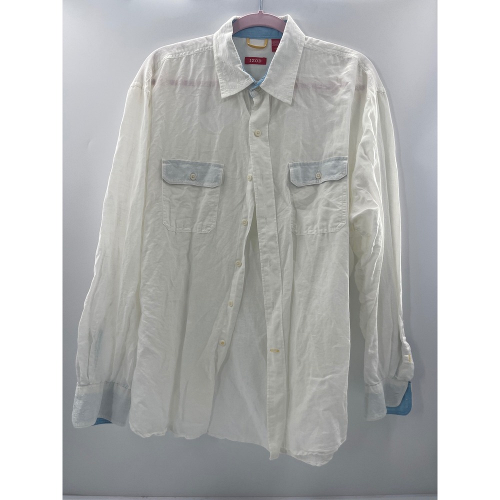 IZOD Mens Linen Blend Long Sleeve Button Down Shirt White Blue Trim Large